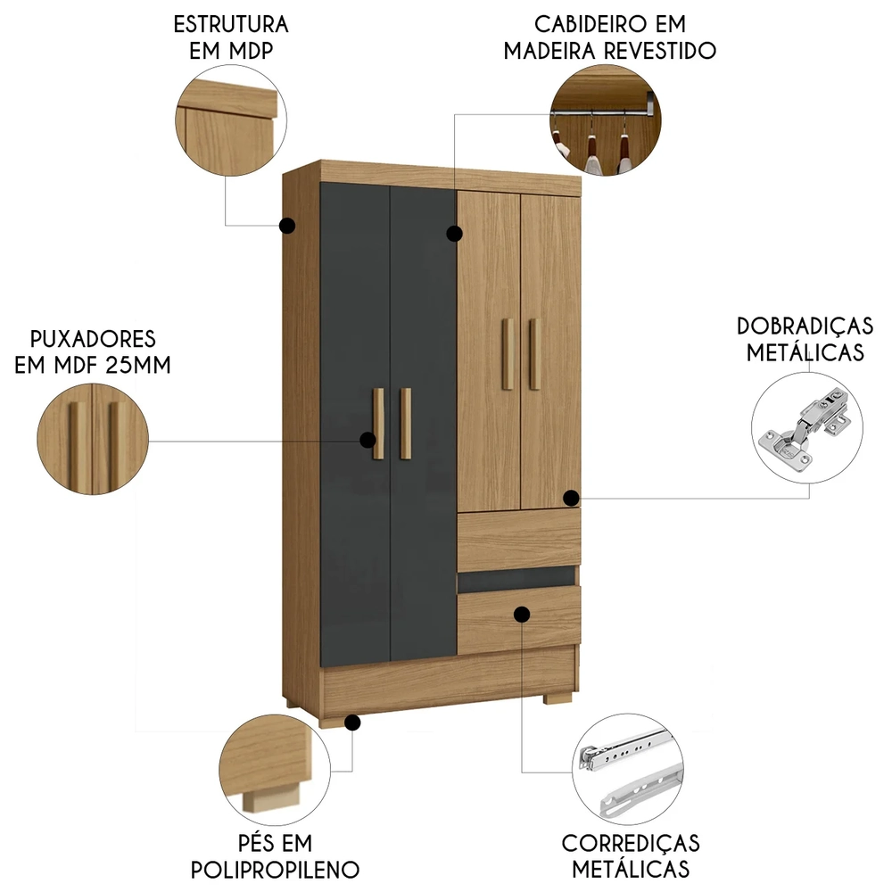 Guarda Roupa Solteiro 100cm 4 Portas Raely Atacama/Grafite A15 - Mpozenato 