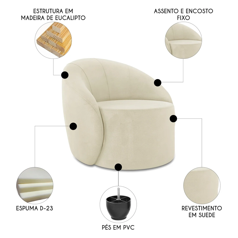Poltrona Sala Decorativa Redonda Kit 2 Steve Suede Bege I01  - Mpozenato