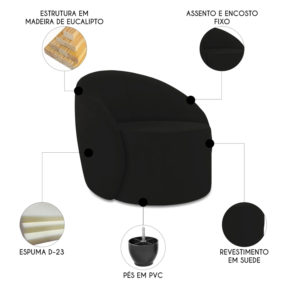 Poltrona Sala Decorativa Redonda Kit 2 Steve Suede Preto I01  - Mpozenato