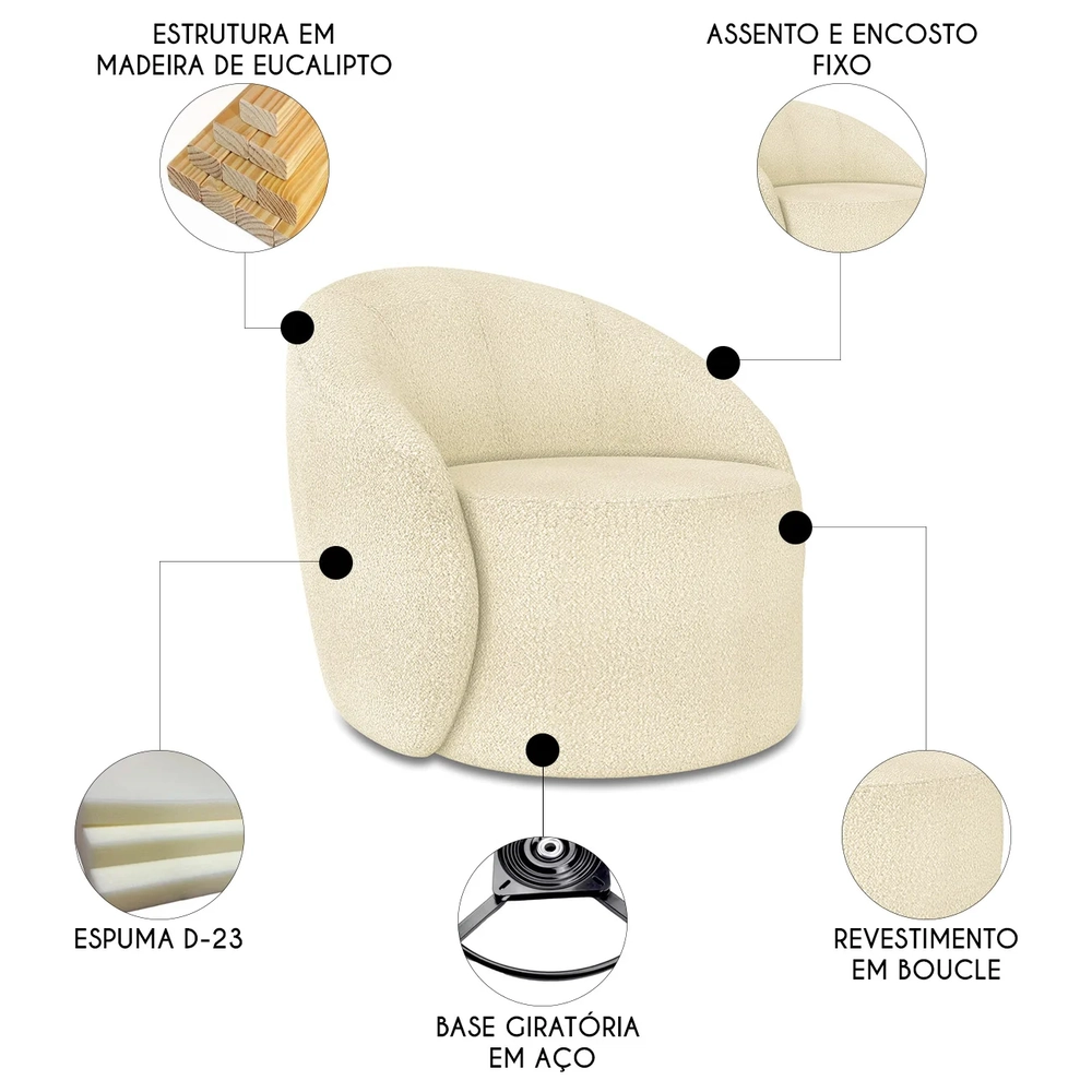 Poltrona Sala Giratória Redonda Kit 2 Steve Boucle Bege I01  - Mpozenato