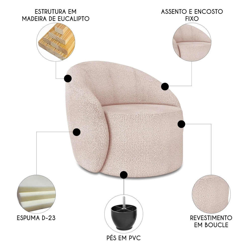 Poltrona Sala Decorativa Redonda 91cm Steve Boucle Rose I01  - Mpozenato