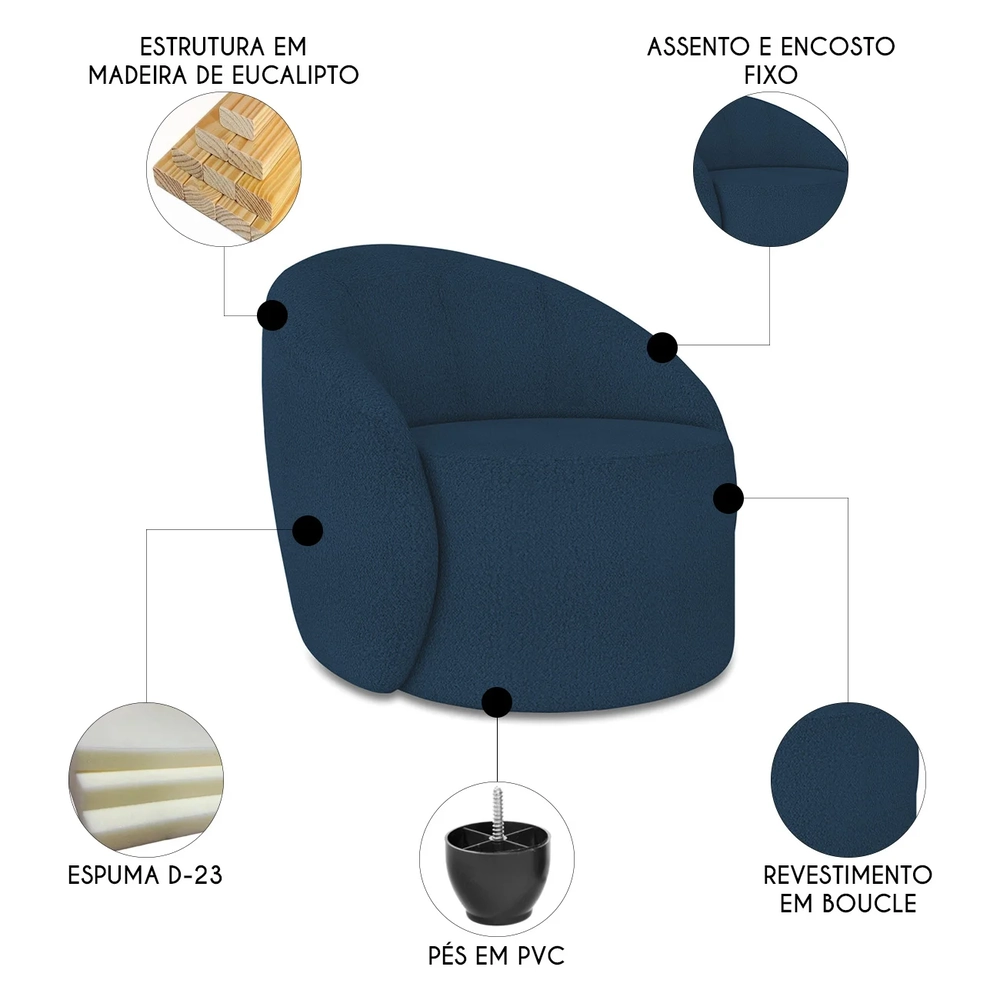 Poltrona Sala Decorativa Redonda Kit 2 Steve Boucle Azul I01  - Mpozenato