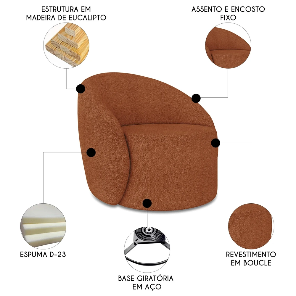 Poltrona Sala Giratória Redonda Kit 2 Steve Boucle Terracota I01  - Mpozenato