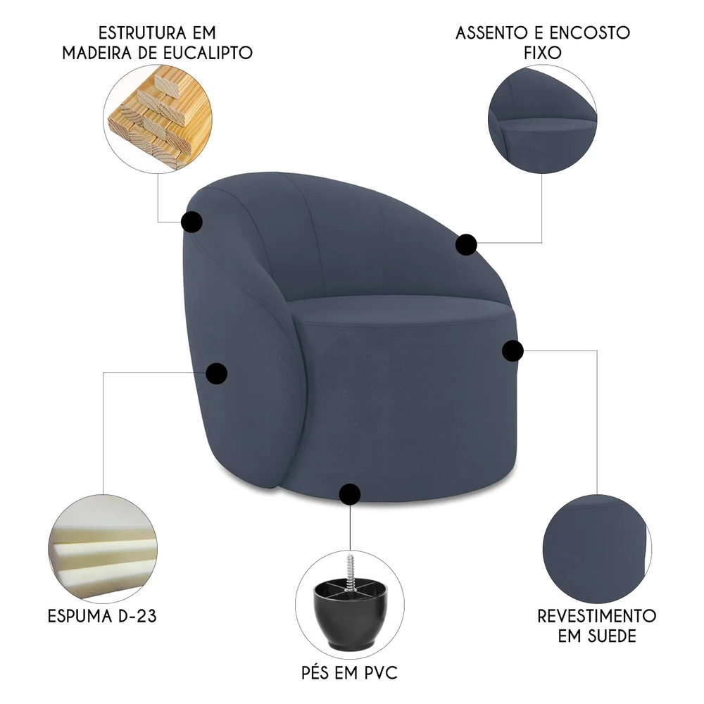 Poltrona Sala Decorativa Redonda 91cm Steve Suede Azul Marinho I01  - Mpozenato