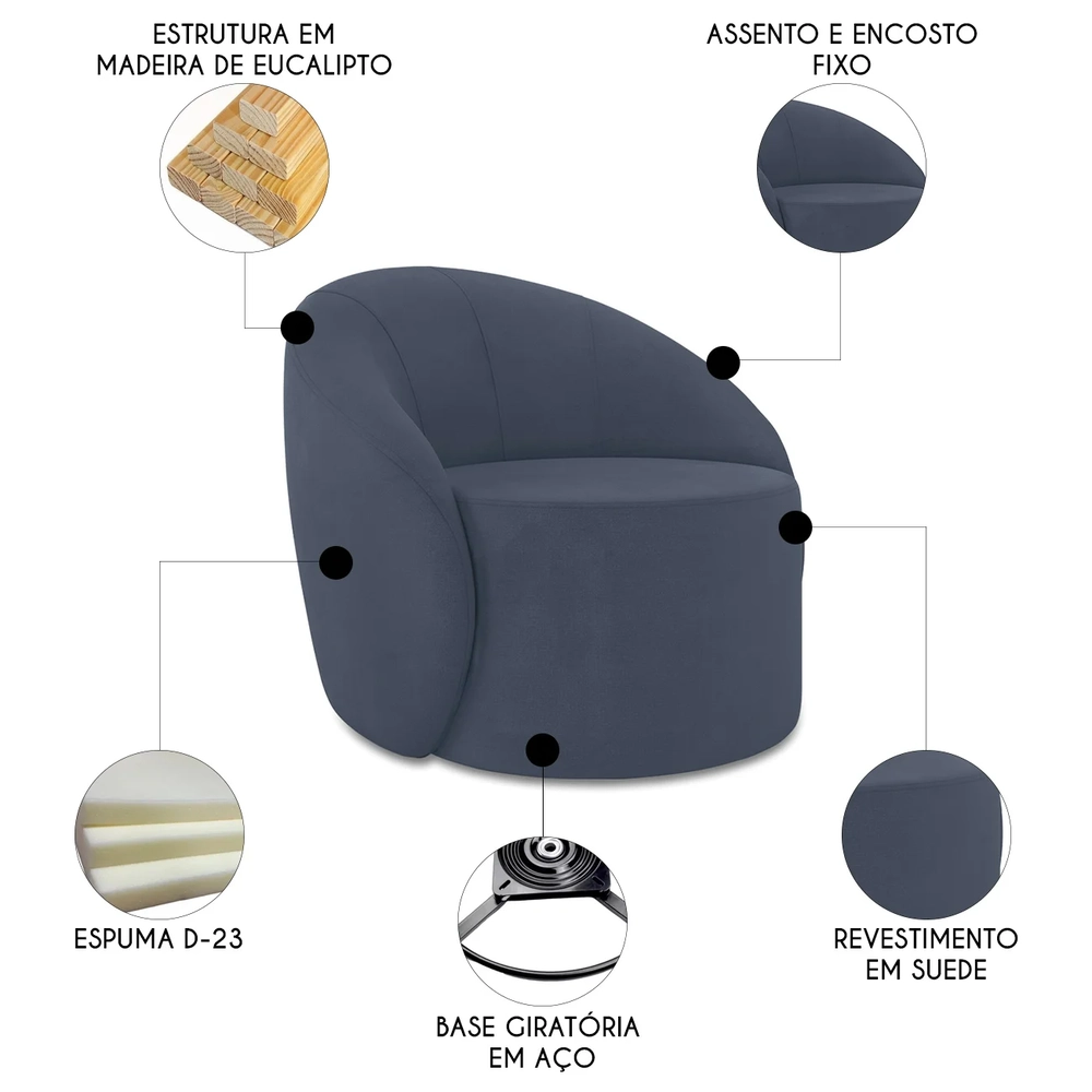 Poltrona Sala Giratória Redonda 91cm Steve Suede Azul Marinho I01  - Mpozenato