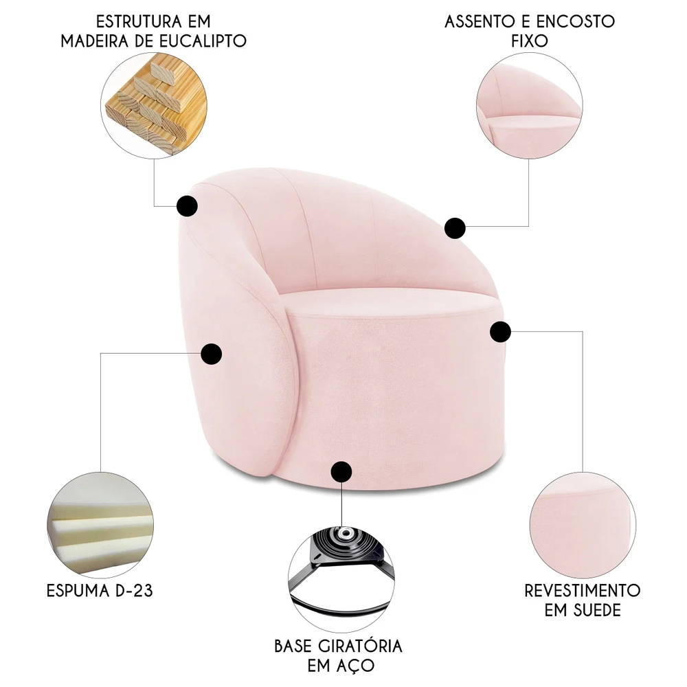 Poltrona Sala Giratória Redonda Kit 2 Steve Suede Rosa Bebê I01  - Mpozenato