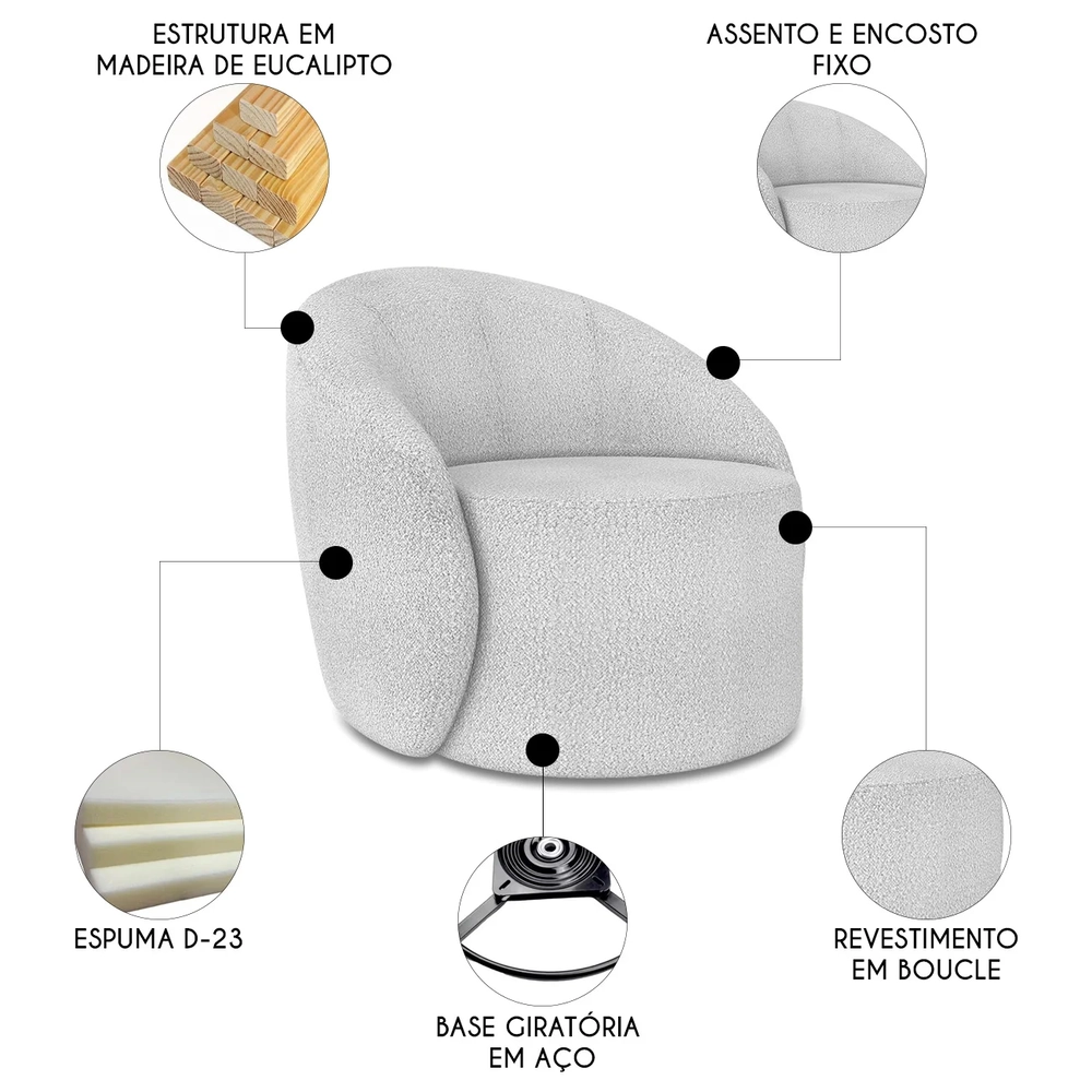 Poltrona Sala Giratória Redonda 91cm Steve Boucle Cinza I01  - Mpozenato