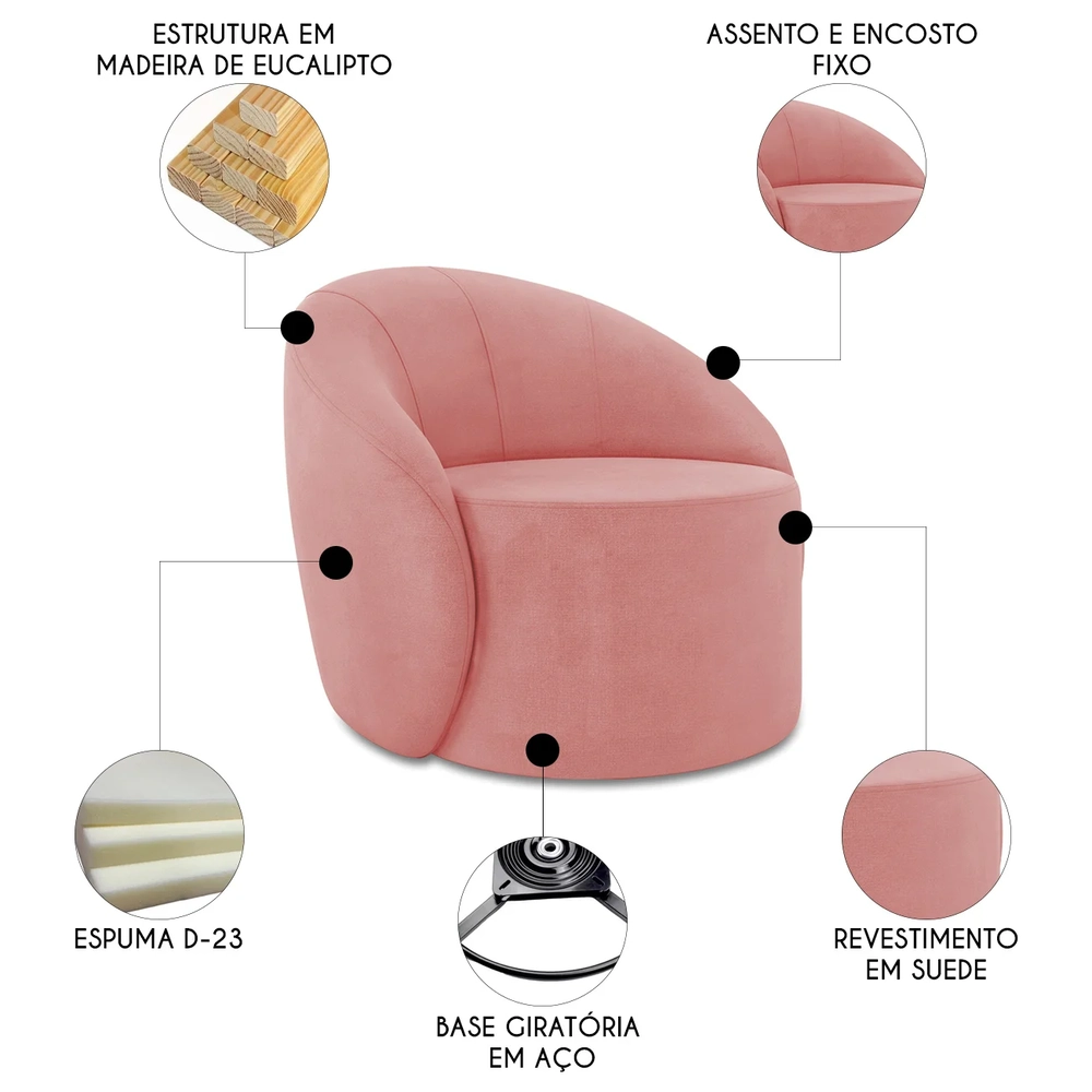 Poltrona Sala Giratória Redonda 91cm Steve Suede Rosê I01  - Mpozenato