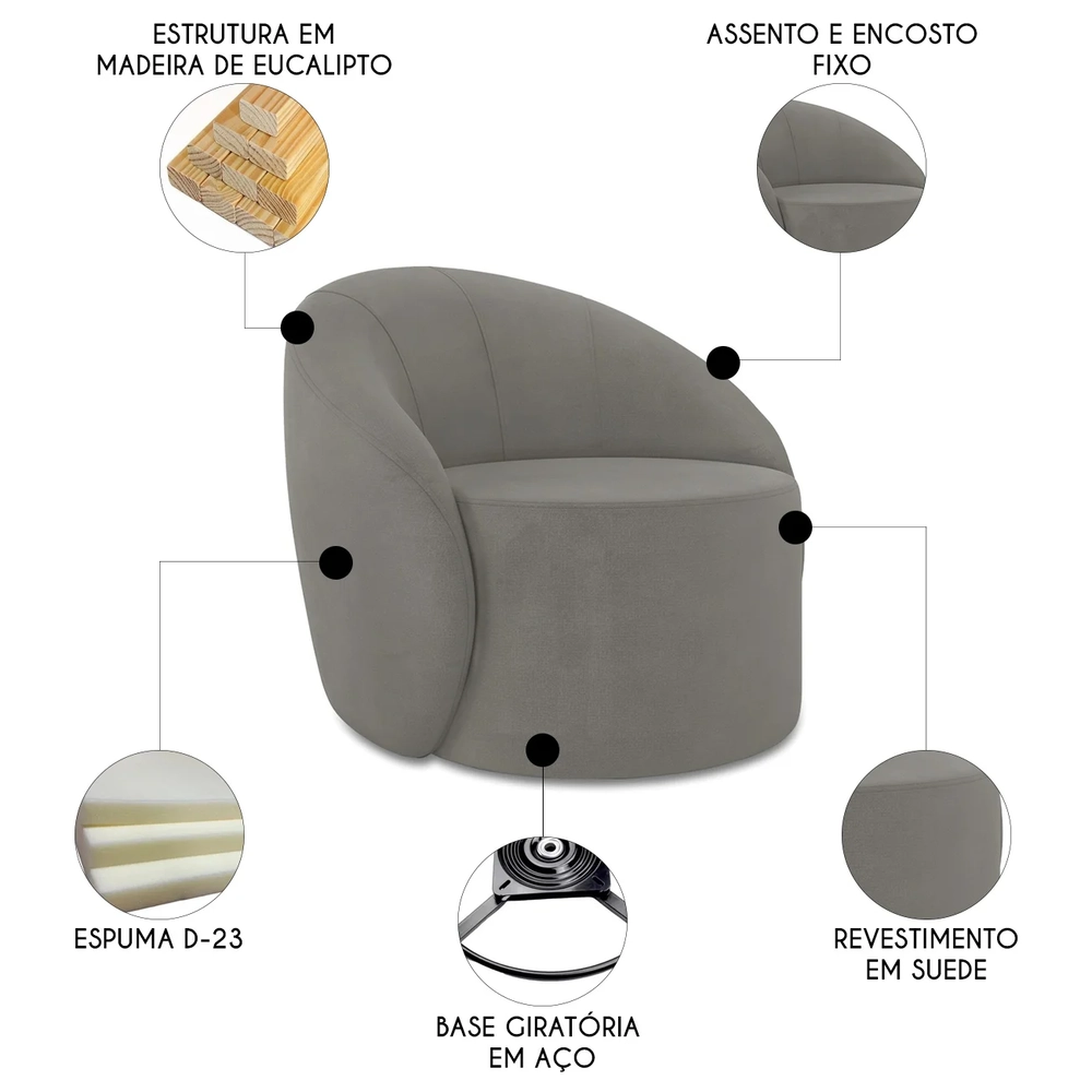 Poltrona Sala Giratória Redonda Kit 2 Steve Suede Grafite I01  - Mpozenato
