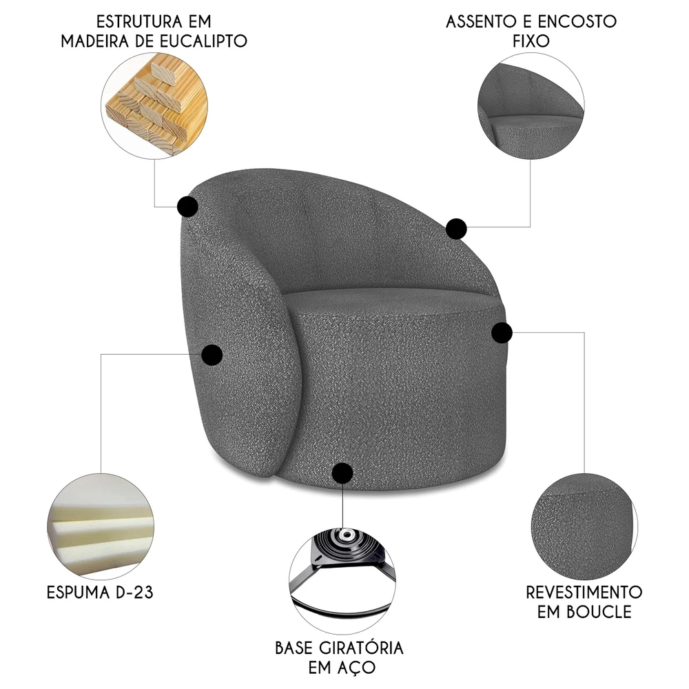 Poltrona Sala Giratória Redonda Kit 2 Steve Boucle Grafite  I01  - Mpozenato