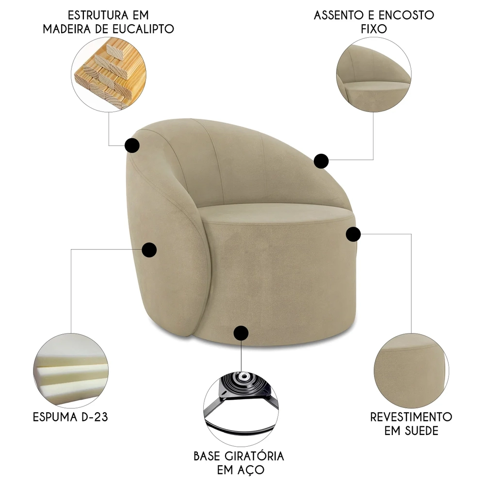 Poltrona Sala Giratória Redonda Kit 2 Steve Suede Marrom Rt I01  - Mpozenato