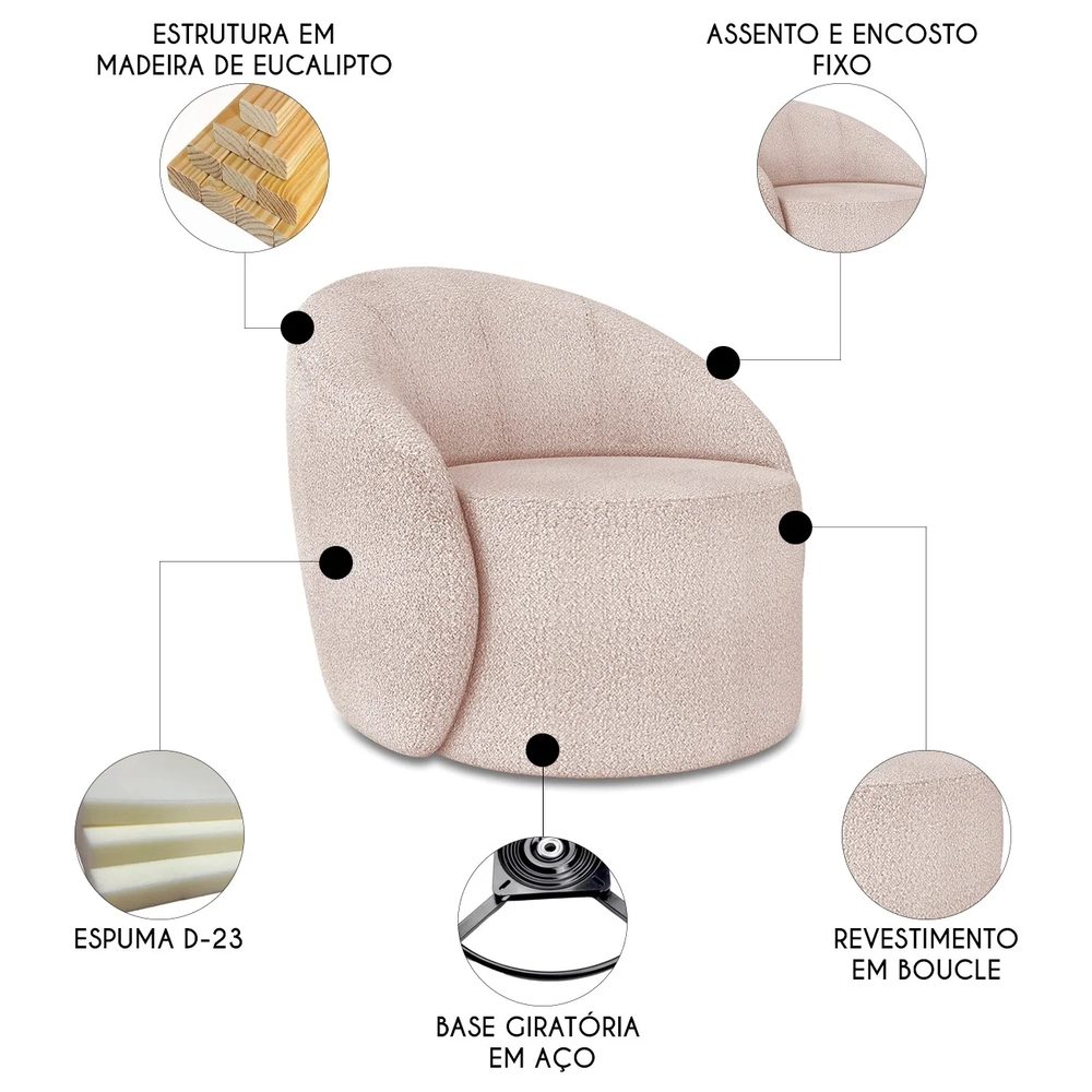 Poltrona Sala Giratória Redonda Kit 2 Steve Boucle Rose I01  - Mpozenato