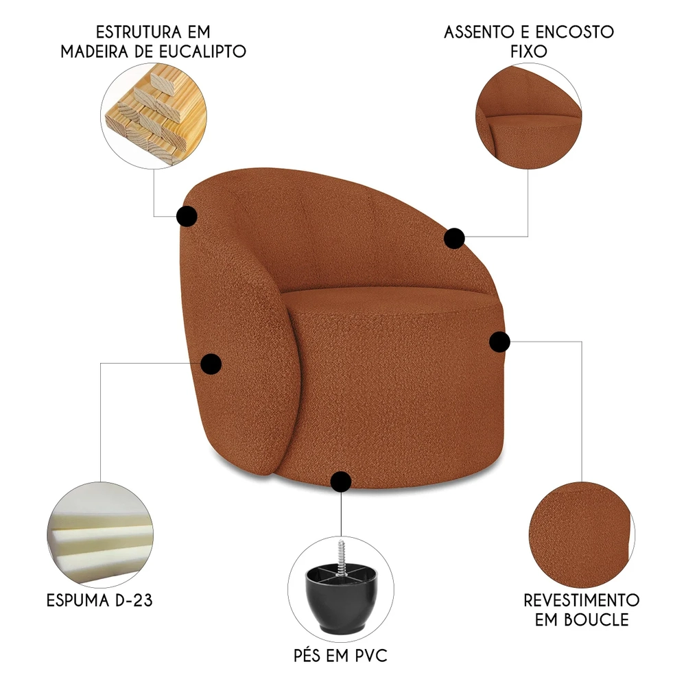 Poltrona Sala Decorativa Redonda Kit 2 Steve Boucle Terracota I01  - Mpozenato