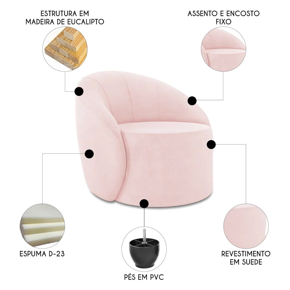Poltrona Sala Decorativa Redonda 91cm Steve Suede Rosa Bebê I01  - Mpozenato