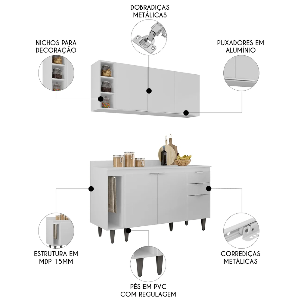 Armário de Cozinha CP12 e Tampo 118cm Pérola M24 Branco     - Mpozenato