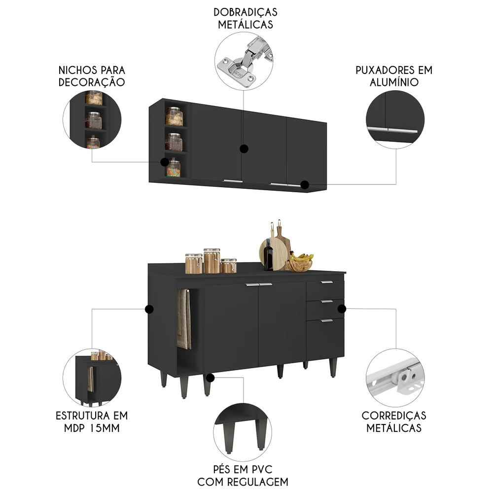 Armário de Cozinha CP12 e Tampo 118cm Pérola M24 Preto      - Mpozenato