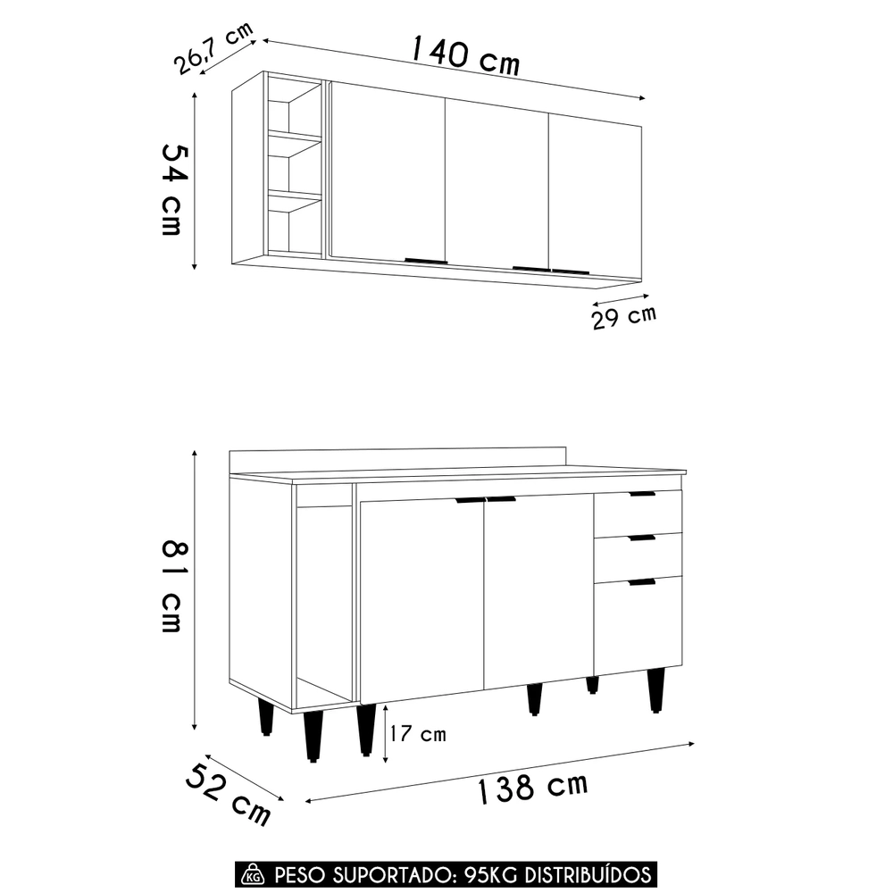 Armário de Cozinha CP12 e Tampo 118cm Pérola M24 Preto      - Mpozenato