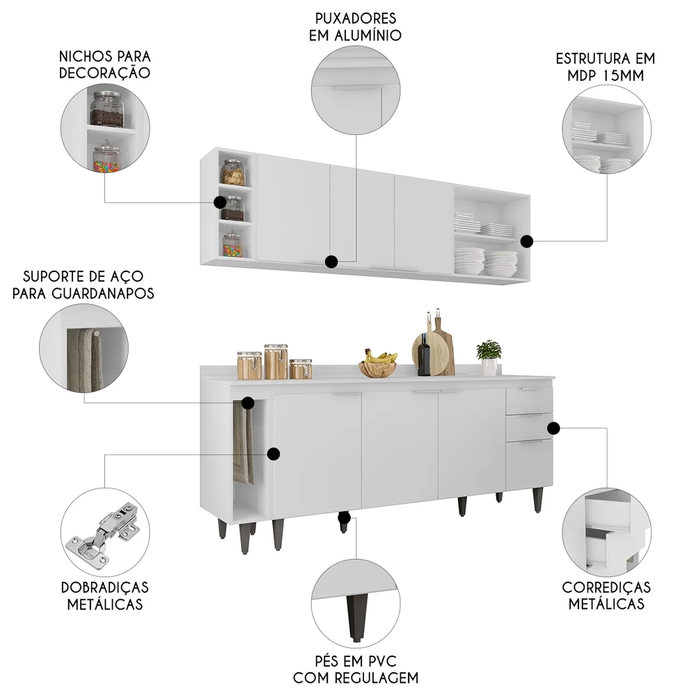 Armário de Cozinha CP13 e Tampo 200cm Pérola M24 Branco     - Mpozenato