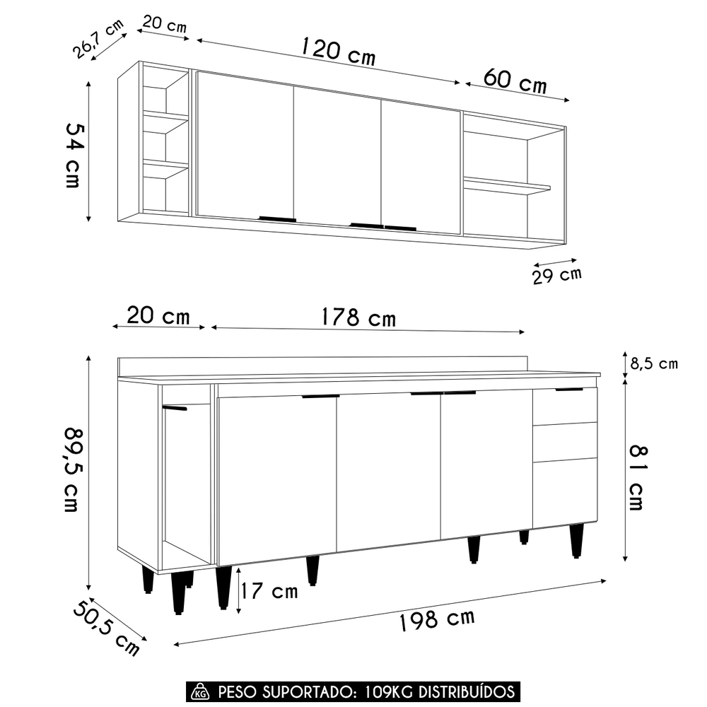 Armário de Cozinha CP13 e Tampo 200cm Pérola M24 Branco     - Mpozenato