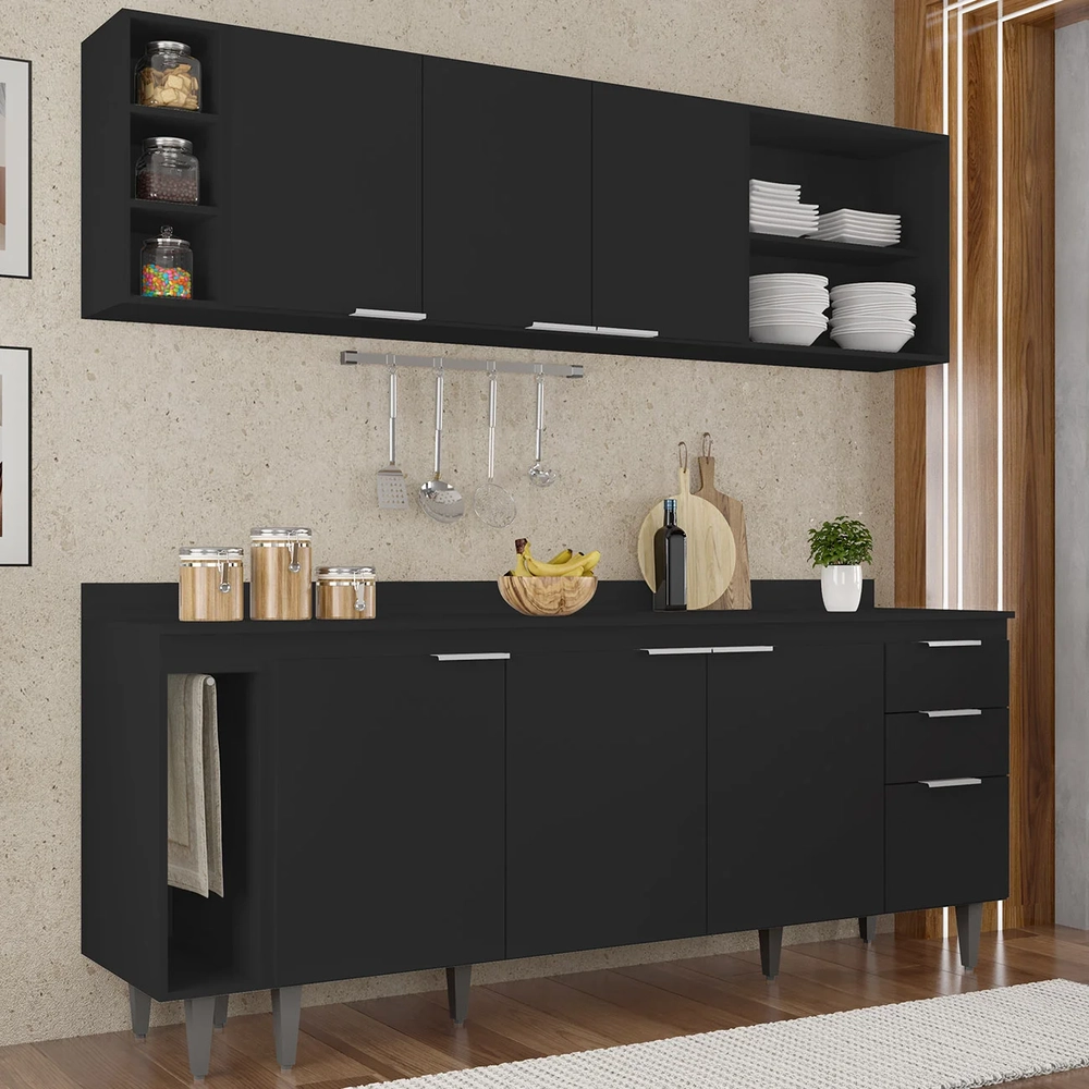 Armário de Cozinha CP13 e Tampo 200cm Pérola M24 Preto      - Mpozenato