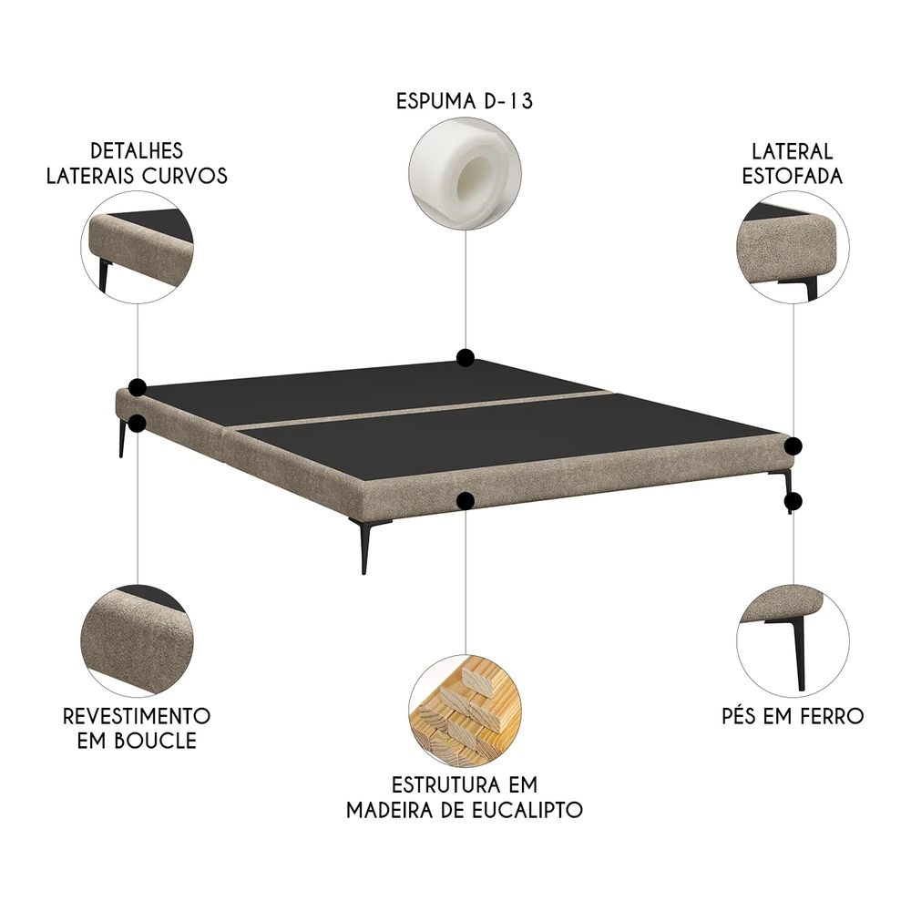 Cama Queen Base Box 158cm Pés Ferro Susano Boucle Capuccino Z04 - Mpozenato