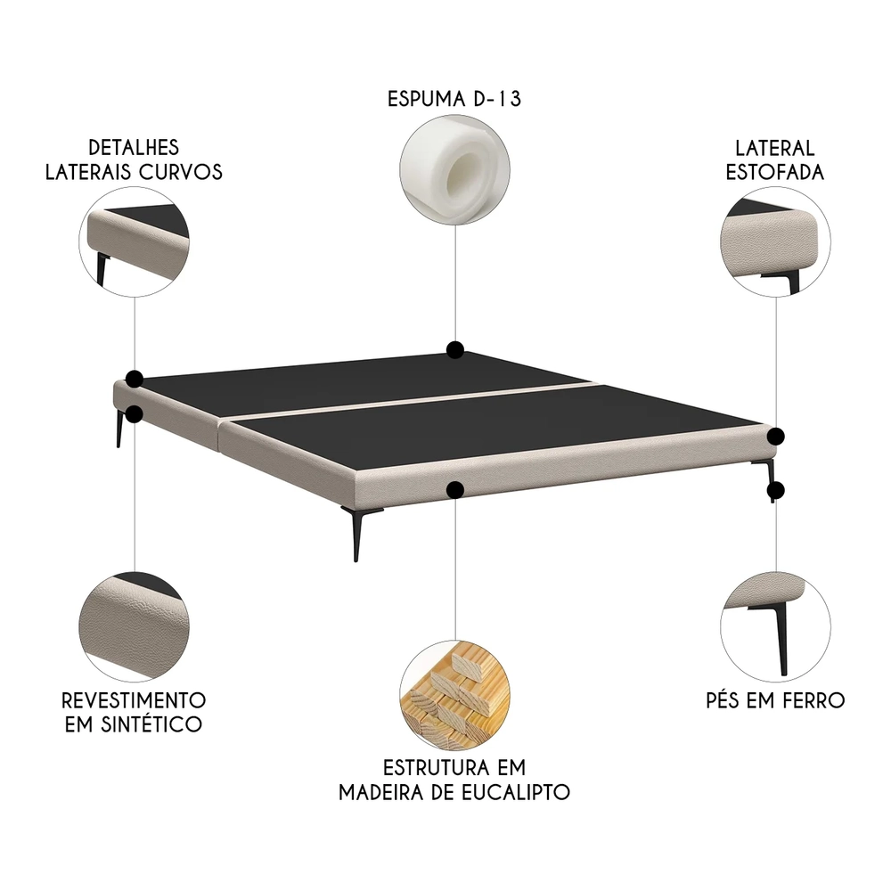 Cama Queen Base Box 158cm Pés Ferro Susano Sintético Bege Z04 - Mpozenato