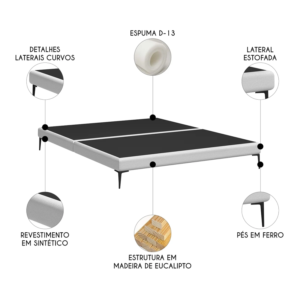 Cama Queen Base Box 158cm Pés Ferro Susano Sintético Branco Z04 - Mpozenato