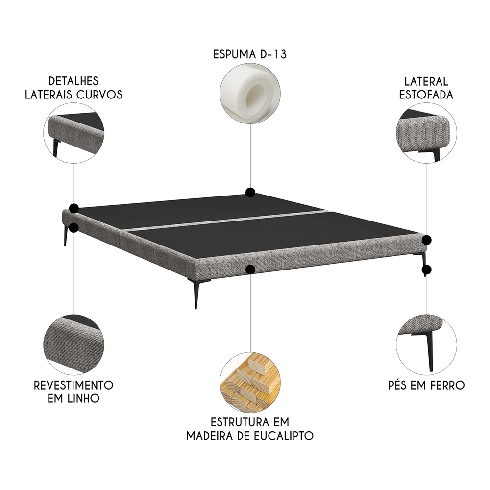 Cama Queen Base Box 158cm Pés Ferro Susano Linho Neutro Z04 - Mpozenato