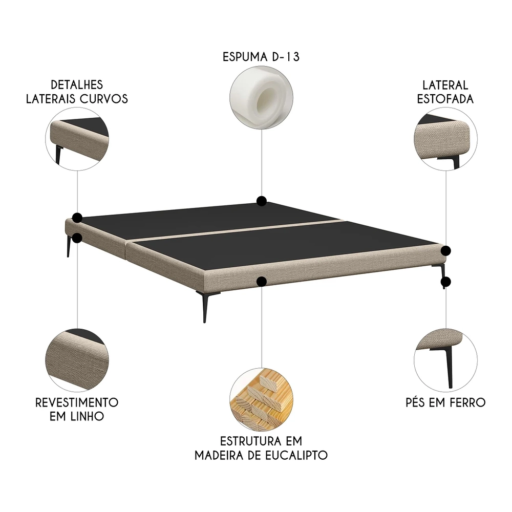 Cama King Base Box 193cm Pés de Ferro Susano Linho Bege Z04 - Mpozenato