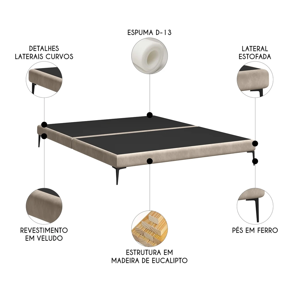 Cama King Base Box 193cm Pés de Ferro Susano Veludo Bege Z04 - Mpozenato