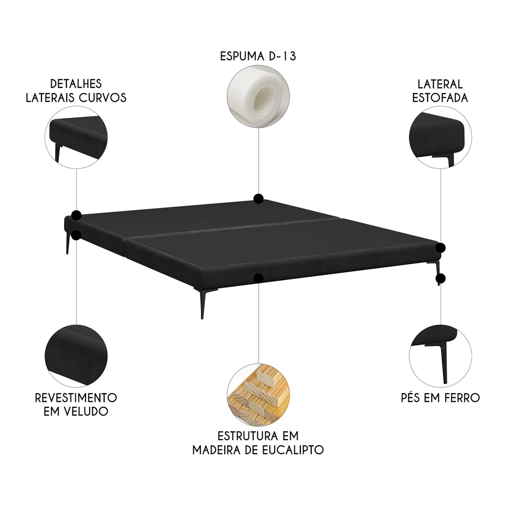 Cama King Base Box 193cm Pés de Ferro Susano Veludo Preto Z04 - Mpozenato