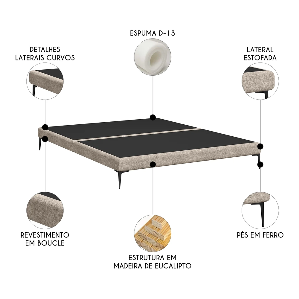 Cama King Base Box 193cm Pés de Ferro Susano Boucle Bege Z04 - Mpozenato