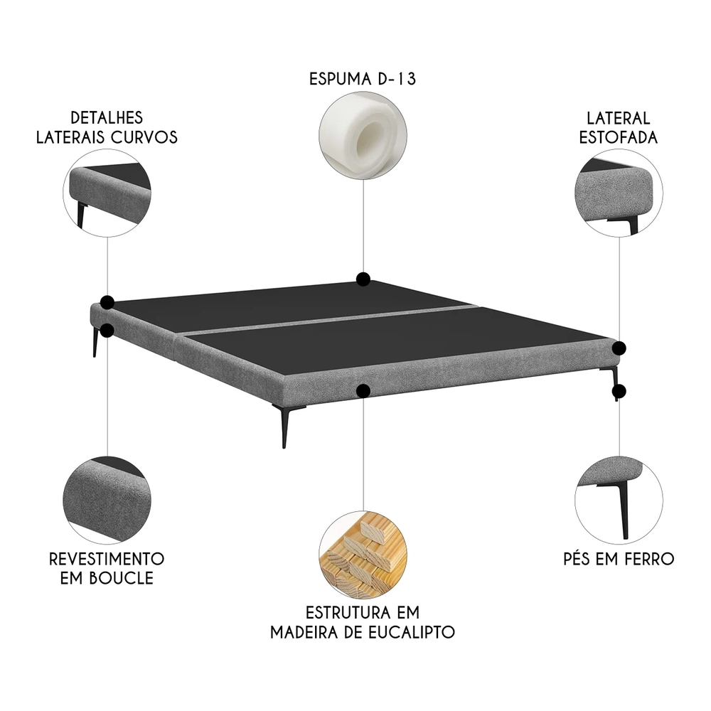 Cama King Base Box 193cm Pés de Ferro Susano Boucle Cinza Z04 - Mpozenato