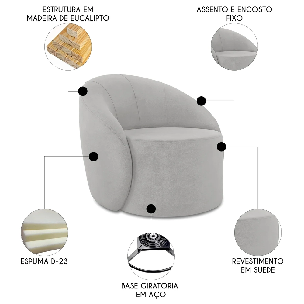 Poltrona Sala Giratória Redonda Kit 2 Steve Suede Cinza I01  - Mpozenato
