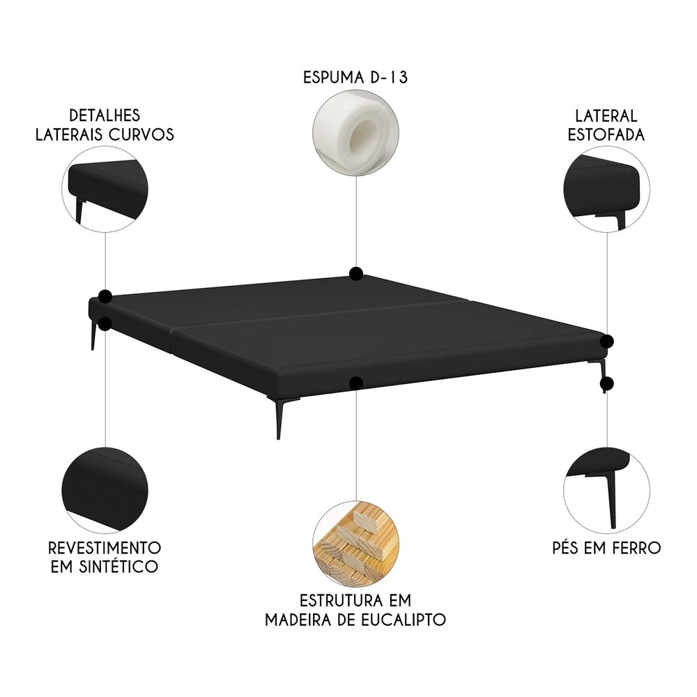 Cama King Base Box 193cm Pés de Ferro Susano Sintético Preto Z04 - Mpozenato