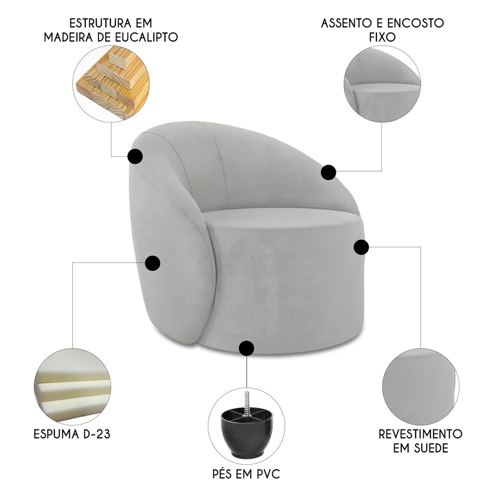 Poltrona Sala Decorativa Redonda Kit 2 Steve Suede Cinza I01  - Mpozenato