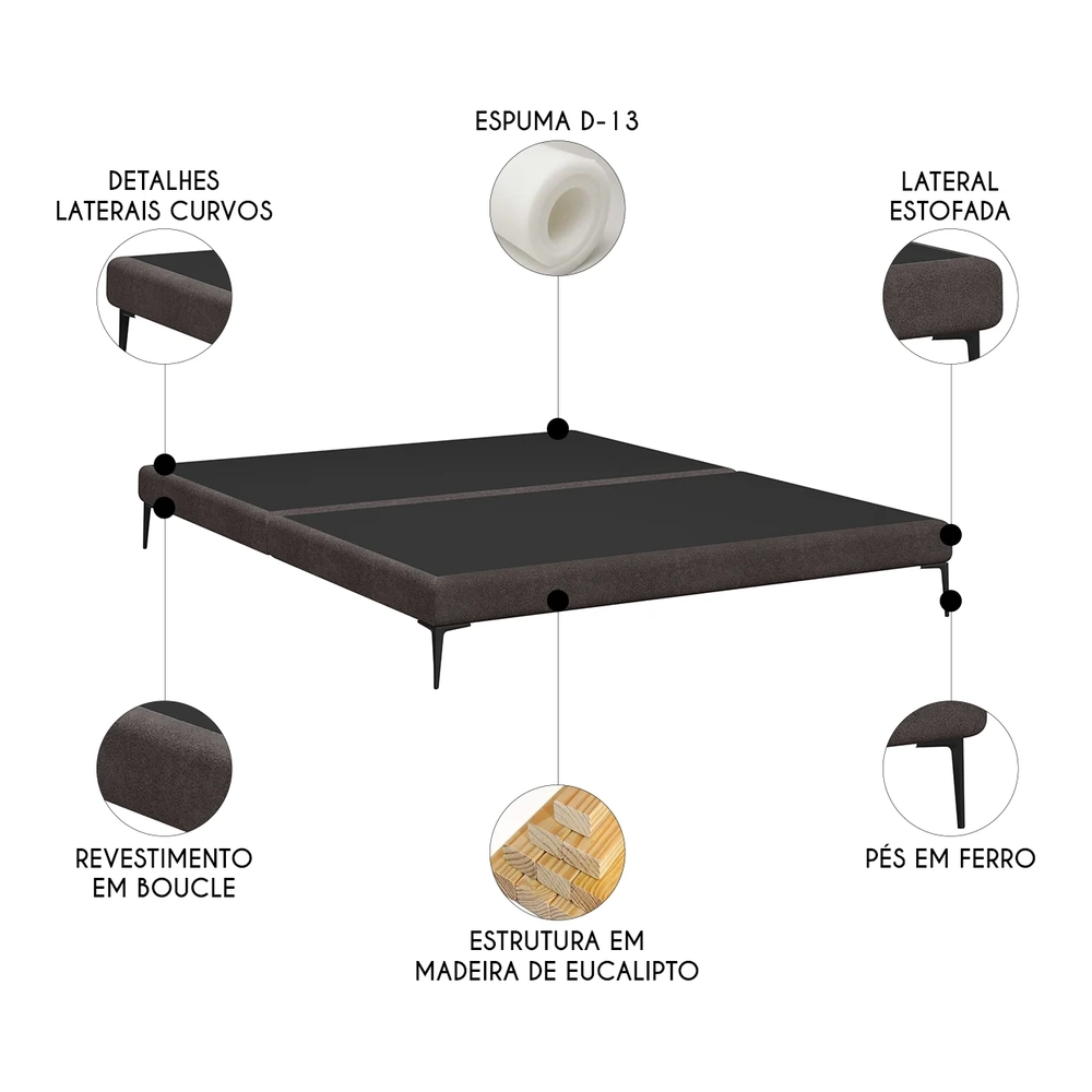 Cama King Base Box 193cm Pés de Ferro Susano Boucle Marrom Z04 - Mpozenato
