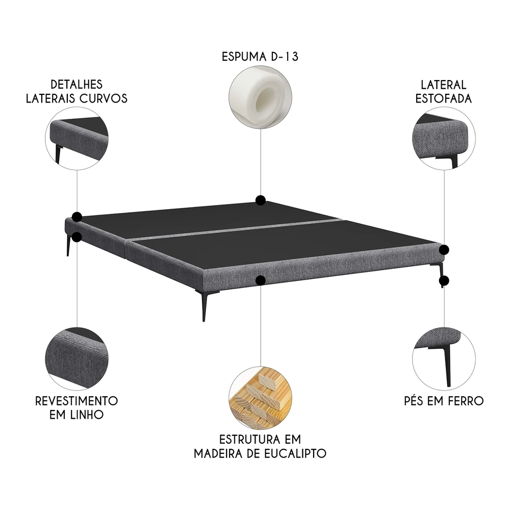 Cama King Base Box 193cm Pés de Ferro Susano Linho Prata Z04 - Mpozenato