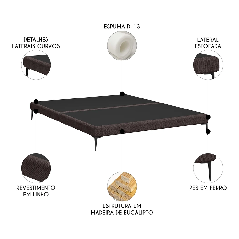 Cama King Base Box 193cm Pés de Ferro Susano Linho Chocolate Z04 - Mpozenato