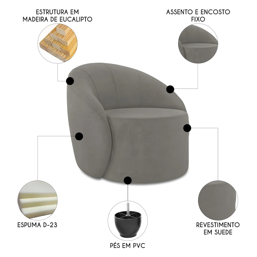 Poltrona Sala Decorativa Redonda 91cm Steve Suede Grafite I01  - Mpozenato