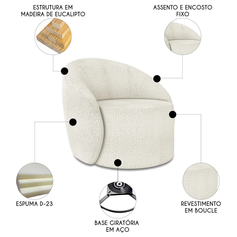 Poltrona Sala Giratória Redonda Kit 2 Steve Boucle Off White I01  - Mpozenato