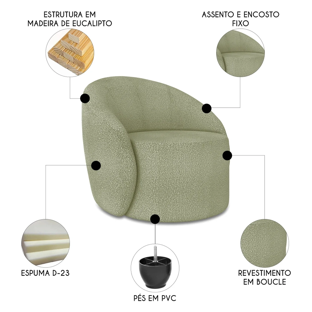 Poltrona Sala Decorativa Redonda Kit 2 Steve Boucle Pistache I01  - Mpozenato