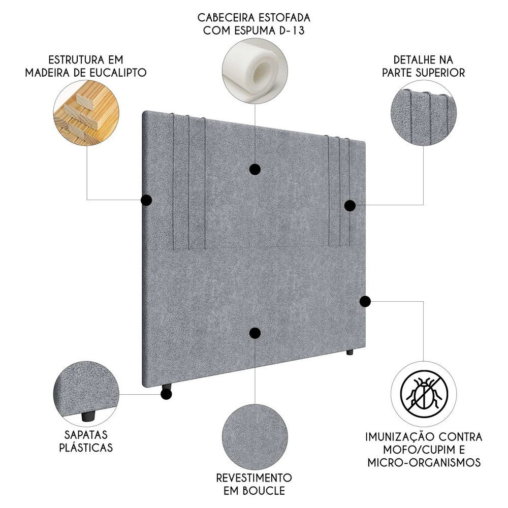 Cabeceira Cama Box Solteiro 90cm Estofada Rama Boucle Cinza Z04 - Mpozenato