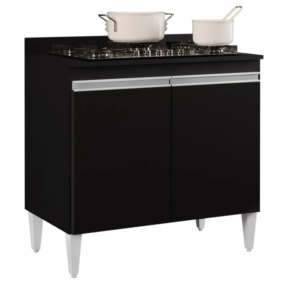Balcão para Cooktop 80cm 2 Portas Flórida Preto - Lumil Móveis