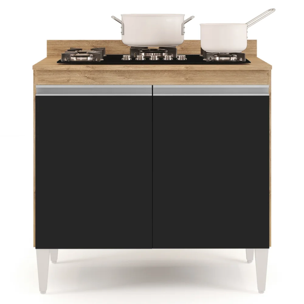 Balcão para Cooktop 80cm 2 Portas Flórida Castanho/Preto - Lumil Móveis