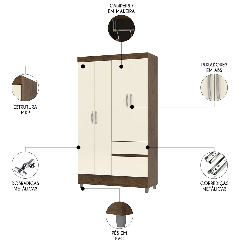 Guarda Roupa Solteiro 103cm 4 Portas Mayra Imbuia/Champanhe V02 - Mpozenato