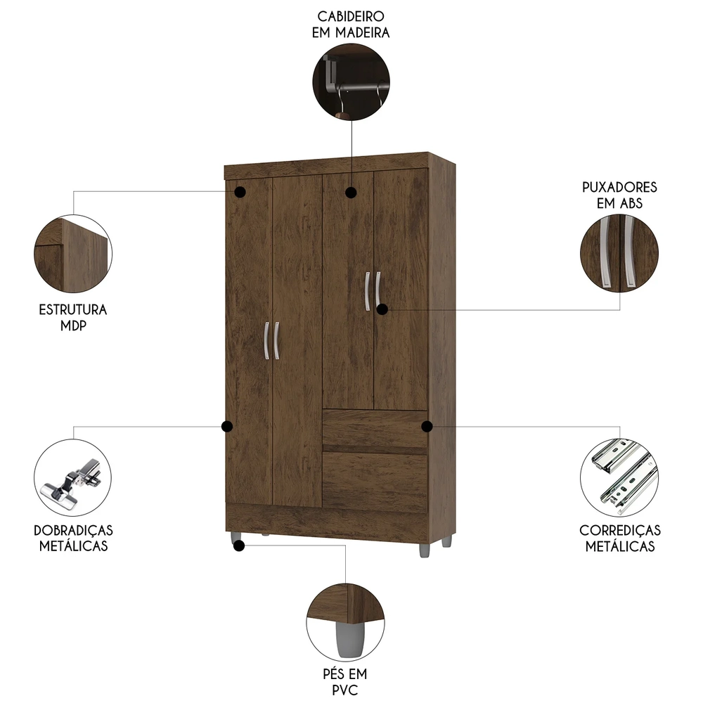 Guarda Roupa Solteiro 103cm 4 Portas Mayra Imbuia Rústico V02 - Mpozenato