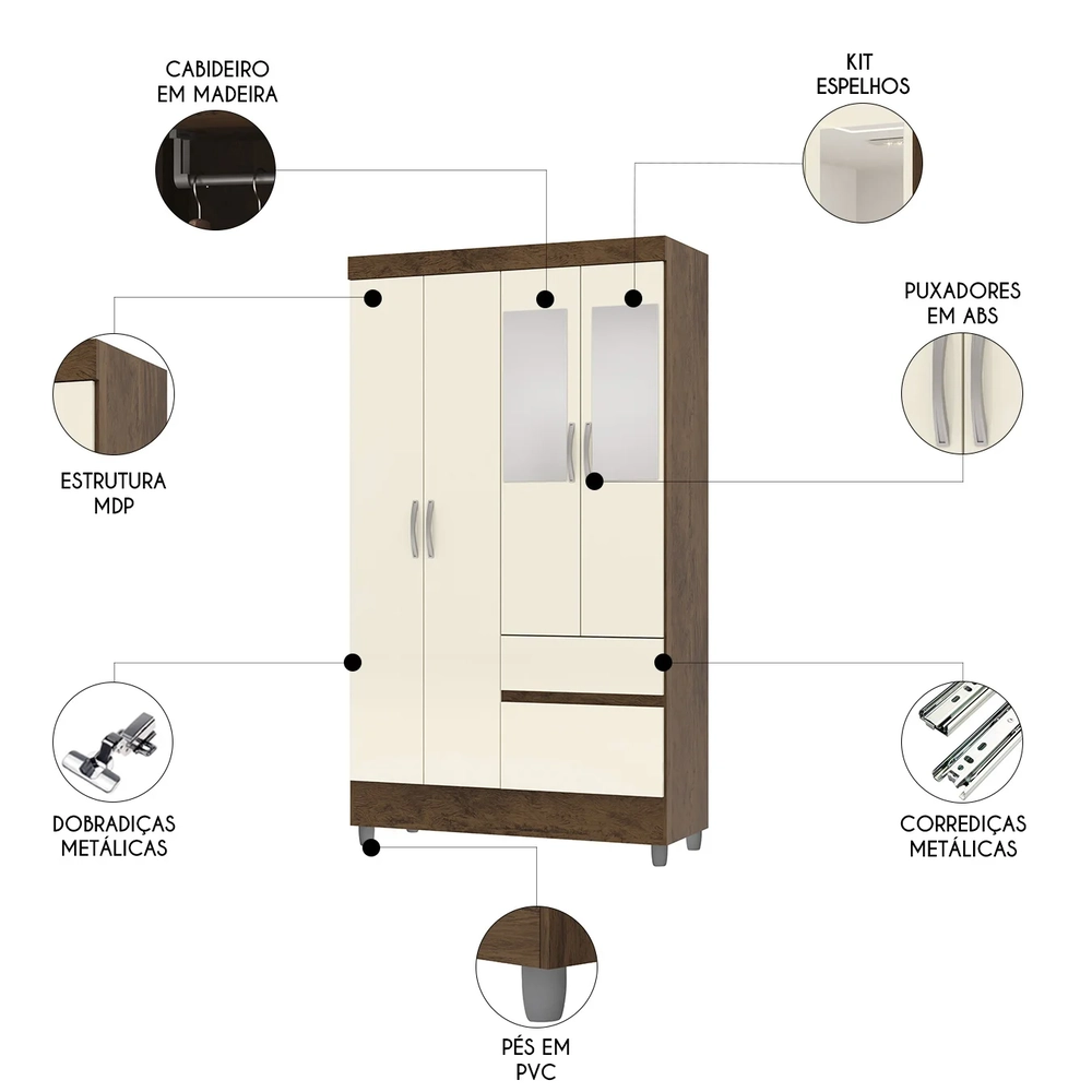 Guarda Roupa Solteiro 103cm Com Espelho Mayra Imbuia/Champanhe V02 - Mpozenato