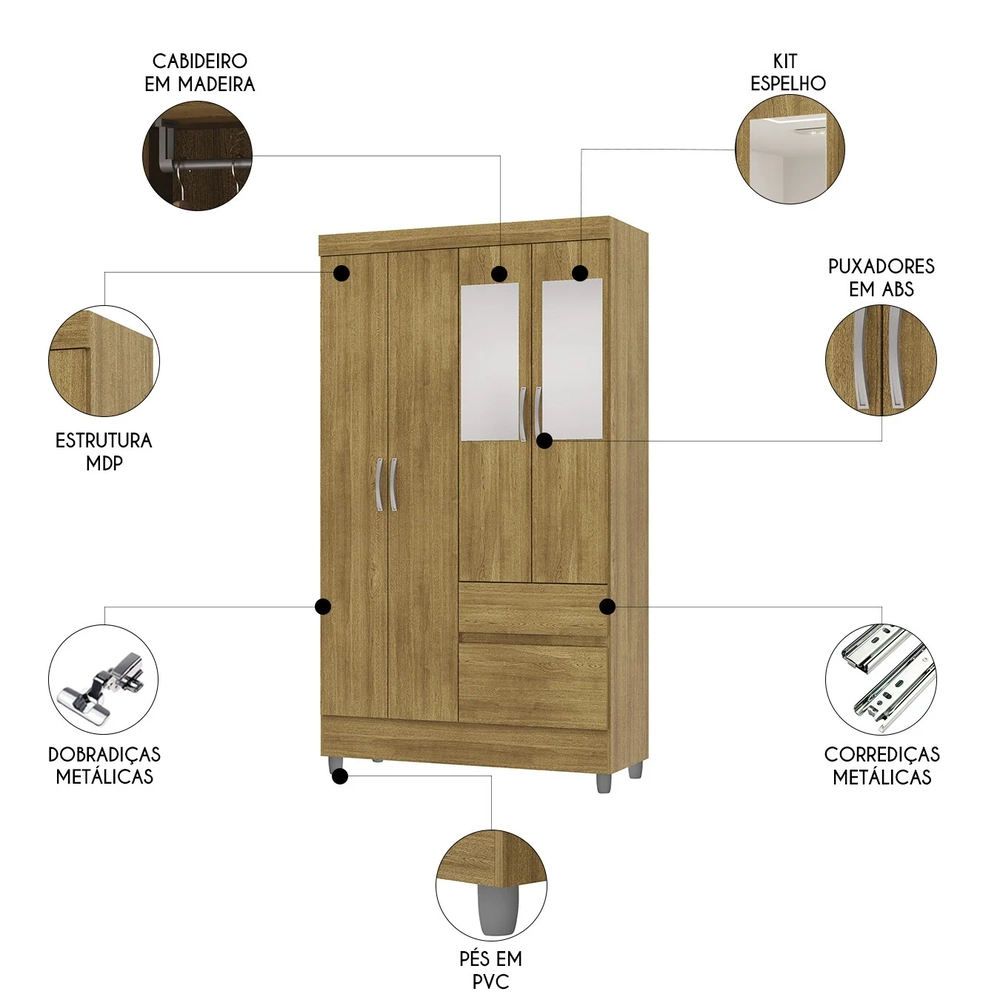 Guarda Roupa Solteiro 103cm Com Espelho Mayra Nature V02 - Mpozenato
