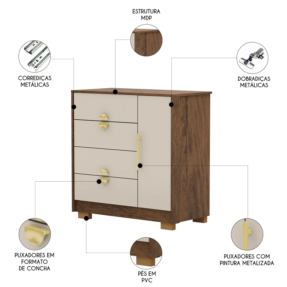 Cômoda Para Quarto 93cm Com 1 Porta Nara Imbuia/Fendi V02 - Mpozenato